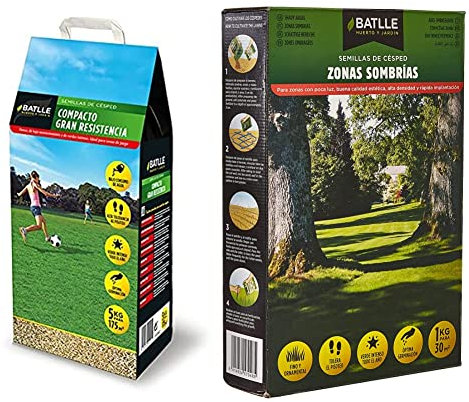 Semillas Batlle Césped Compacto de gran Resistencia - 5kg & Césped Zonas Sombrías - 1kg