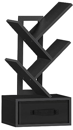 SHEEPAM Kleines Bücherregal mit Schublade, 4 Etagen, schwarzes Baum-Bücherregal, Holz-Schreibtisch-Bücherregal, modernes Schreibtisch-Display, Aufbewahrung, Bücherregale, bodenstehender Organizer,