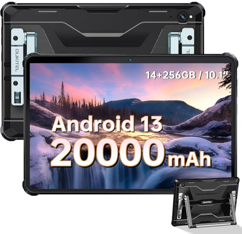 OUKITEL RT6 Outdoor Tablet 10.1 Zoll, 20000mAh Akku Android 13, 14GB(8+6) RAM + 256GB ROM IP68 Wasserdicht, 16MP Kamera, Octa-Core, Dual SIM 4G LTE Tablet PC, 5G WiFi, GPS, OTG - Schwarz