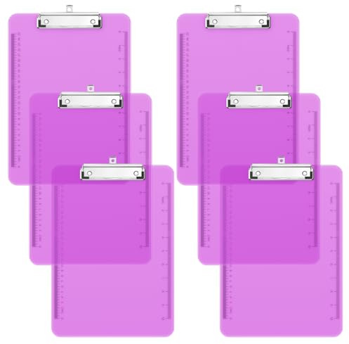 Piasoenc Lot de 6 planchettes à pince en plastique translucide avec profil bas, porte-bloc violet avec règle, porte-bloc de bureau, fournitures scolaires, format lettre 31,8 x 22,9 cm, violet clair