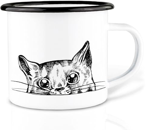 Ligarti Emaille Tasse (leicht & robust) | Camping Becher handveredelt in Deutschland | Trinkbecher für Kinder, Kaffeetasse, Emaillebecher | Katze (Ilma, 300ml)