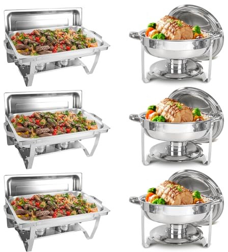 IMACONE Chafing Dish Buffet Set 6 Packs, 5QT Round& 8QT Rectangle Stainless Steel Chafer for Catering, Chafers and Buffet Warmer Sets w/Food & Water Pan, Lid, Fuel Holder for Event Party Holiday