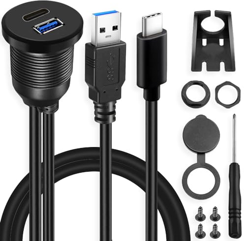 Xiatiaosann Câble de montage encastré de type C 3.0 et USB 3.0, ports USB-C et USB-A câble d'extension femelle à mâle pour montage sur panneau avec accessoire de montage encastré pour voiture