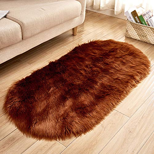YUGWNN Braun Flokati Teppich Waschbar Bettvorleger Fell,Kunstfell Stuhlauflage Dekofell,Oval 100x180cm/39.3x70.7in