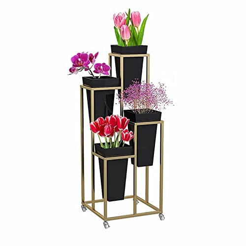 MYVVKIA Blumenständer für draußen – Pflanzenständer für drinnen, Blumenständer aus Eisen, mit 4 Blumeneimern, 4-lagigem beweglichem Blumenstraußregal aus Metall für den Frischblu