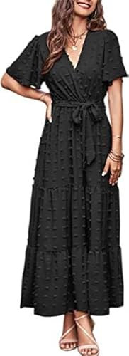 Placitiume Damen Boho Swiss Dot Maxikleid Wrap V Ausschnitt Flatterärmel A Linie gestuftes fließendes langes Kleid mit Bindegürtel, Schwarz , S