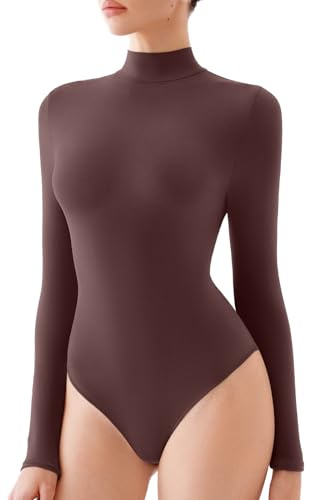 REORIA Women's Long Sleeve Bodysuits Mock Turtleneck Slim Tight Double Lined Basic Layering Body Suits Tops Fall Winter Outfits 2024(Brown Medium)