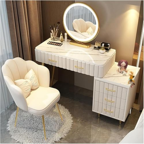 Scrivania con specchio e luci, set di vanità per il trucco con armadietto regolabile, cassetti e 3 modalità di illuminazione, per la camera da letto tavolo da toilette(White,80CM*40CM*76CM)