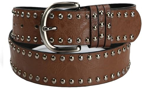 YCMI Womens Circle Studded Leather Belt, Punk Rock Rivets-Belt Ladies Belt for Jeans Pants Dresses,PU Leather Belt for Women (Coffee, 26”-42”)