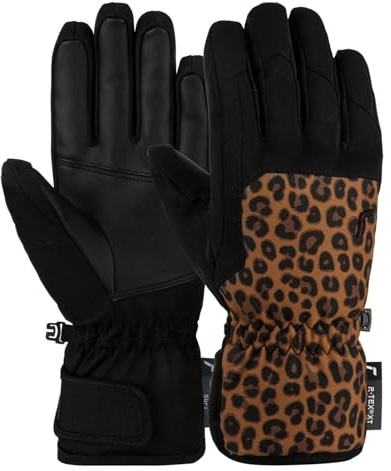 Reusch Keira R-TEX® XT Gants de ski pour femme, imperméables, coupe-vent et respirants, pour les mains chaudes et sèches (Black/Brown Leopard, 6.5)