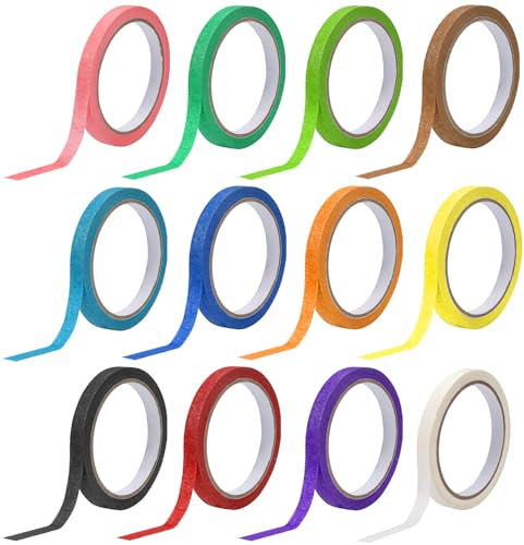 EXIN DEHCEN 12 Rollos Celo Colores 10mm X 20M Cinta De Carrocero, Escribible Cinta Adhesiva De Colores, Cinta Carrocero, Cinta De Enmascarar, Cinta Adhesiva para DIY, Manualidades, Artes