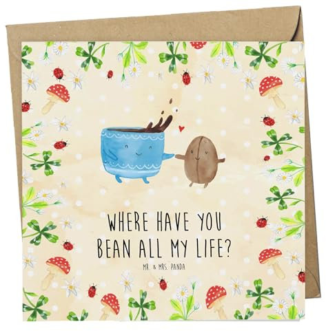Mr. & Mrs. Panda Glückwunschkarte Kaffee Bohne - Geschenk, anlasskarte, doppelkarte, Lustige Sprüche, Klappkarte, faltkarte, Glück, Kaffeebohne, Zufriedenheit, Grußkarte, Genuss