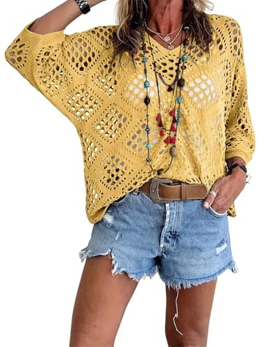 Allimy Womens Boho Crochet Tops Beach Cover Ups Summer Sweaters Yellow M