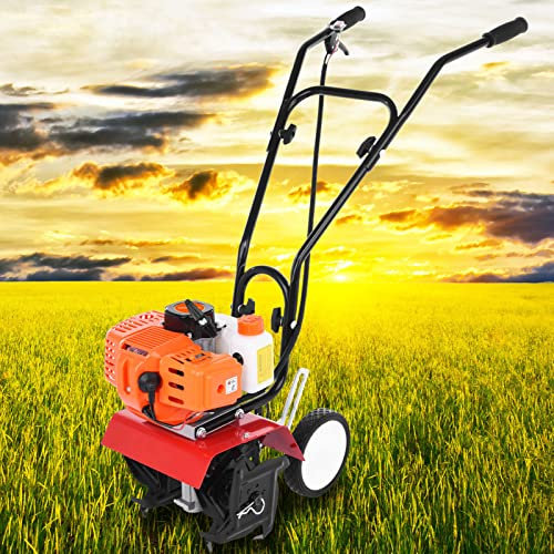 joukares 52cc 2-Stroke Petrol Cultivator, 9000RPM Gas Powered Garden Tiller with 6-Inch Working Depth, 7.9-Inch Tilling Width, 1.2L Fuel Tank & Lightweight for Soil Cultivation, Farm Digging Orange