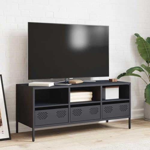 Natulvd TV-Ständer Schrank mit 3 Schubladen, Stahlschrank, TV-Einheit für bis zu 114,4 cm Fernseher mit offenen Entertainment-Center-Regalen, industrieller TV-Schrank (Anthrazit)