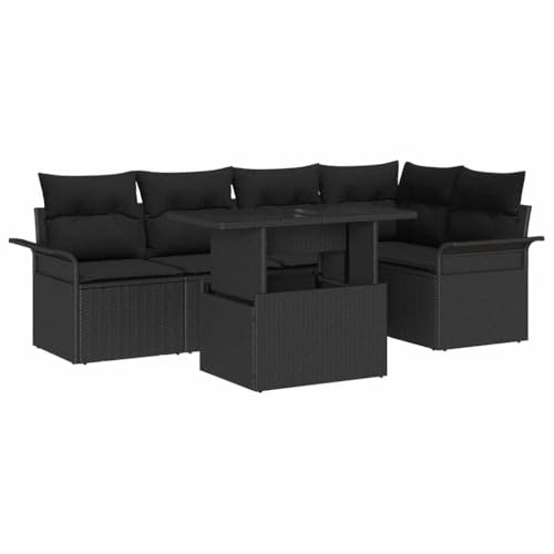 vidaXL Garten-Sofa-Set mit Kissen 6 pcs Schwarz Poly Rattan, Garten und Terrasse, rechteckige Sitzgruppe, modulare Möbel, verstellbare Füße, strapazierfähiges Lounge-Set