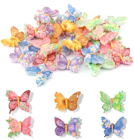 Tinoaly 30st Mini Fjärilar i Harts, Färgglada Små Blommor Fjärilar Små Djurfigurer i Harts Miniatyrdekoration för Gör Det Själv Pyssel Dockhus Älvträdgård