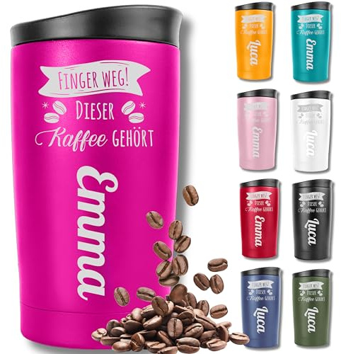 KUINEA Thermobecher personalisiert mit Namensgravur – Kaffeebecher To Go aus Edelstahl, 350 ml, 100% auslaufsicher – Pink