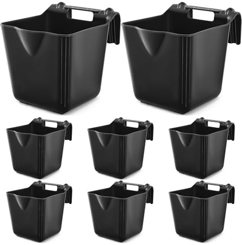 8 Pcs 15 Quart Plastic Hook Over Horse Feed Bucket for Stall Fence, Black
