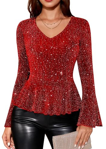 Timormode Sparkly Tops for Women Long Sleeve V Neck Sequin Shirts Slim Fitted Ruffle Glitter Blouses Cocktail Evening Party Wedding TMT7005 Burgundy XL