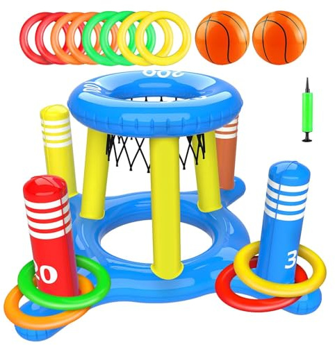 Panier De Basket De Piscine - Jeux Piscine Gonflable Set - Comprend 2 Ballons De Basket Gonflables, 8 Anneaux Gonflables, 1 Pompe À Main,Journée D'été Jeu Plage De Fête En Extérieur pour Familles