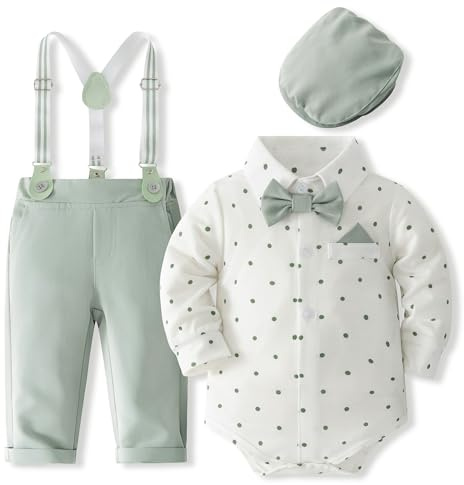 Fohuanky Baby Boy Formales Outfit Gentlemen Kleidung Set Strampler Hemd mit Fliege Hosenträger Hose & Hut für Hochzeit Geburtstag Party