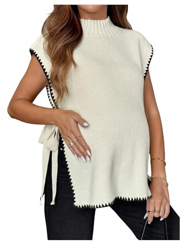 SHENHE Women's Maternity Sweater Vest Mock Neck Open Side Tie Sleeveless Knit Maternity Sweater Pullover Apricot Small