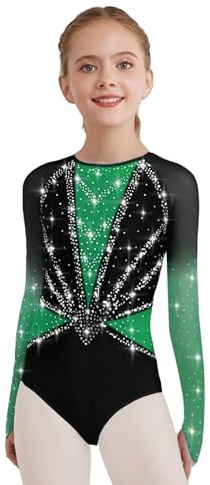 Eandarui Kinder Mädchen Turnanzug Langarm Gymnastikanzug Strassstein Glänzend Ballettanzug Mesh Patchwork Sportbody Gymnastik Outfit