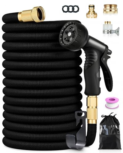 150FT Expandable Garden Hose, 45M Expandable Water Hose for Gardening with 10-Pattern Spray Nozzle, Leak-Proof Flexible Hose Pipe, Kink-Free, 4-Layer Latex Core, 1/2 3/4 Universal Fittings, Black