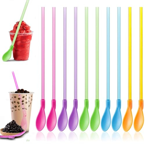 XINCHENG 10 Pieces Slush Straws, 2 in 1 Slushie Straws with Spoons, Reusable Straw for Smoothies, Juice, Cocktail, Coffee, Milkshake, Slushie (5 Colors)