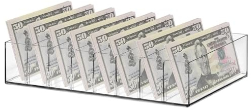 Money Box, 4-Slot Cash Organizer Tray for Bills and, Transparent Money Storage Container, Register Drawer Insert, Counter Tray for Business and Use at Home