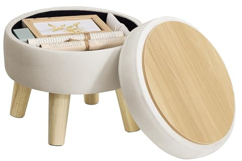 SONGMICS Storage Ottoman, Foot Stool, Round Ottoman with Padded Seat, Foot Rest with Wood Legs, Small Table, for Hallway, Living Room, 12.2 Inches, Velvet, Cream White ULOM513LH01