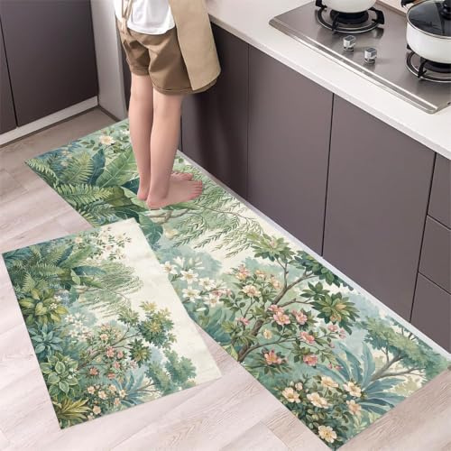 MLSOWM Set di 2 Tappeti da Cucina Antiscivolo Banani Salici Camelie Tappetini da Cucina Giungla Retrò Lavabile Tappetino di Protezione per Corridoio, Lavello, Scrivania in Piedi, 50x80cm+50x150cm