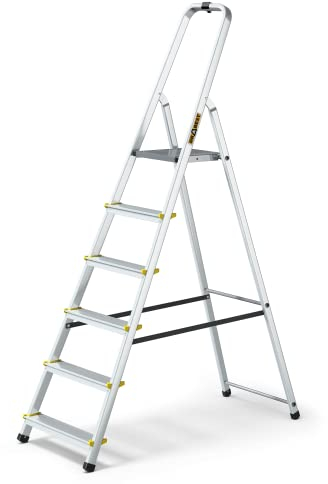 DRABEST Leiter PRO Serie Alu Leiter 6 Stufen Trittleiter Klappbar Stehleiter Haushaltsleiter mit Ablage Belastbar bis 150 kg Mehrzweckleiter