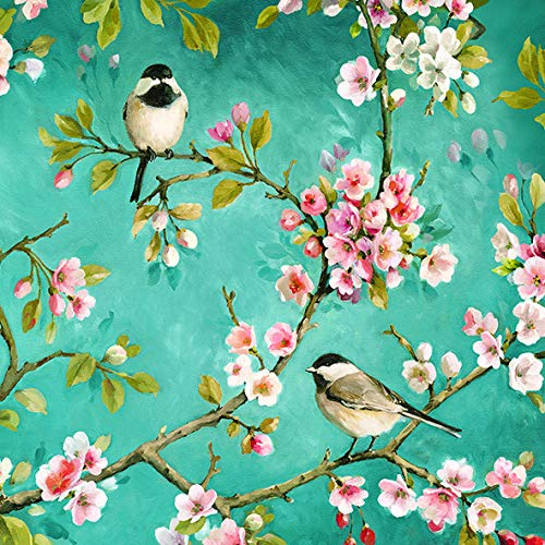 20 Servietten Kohlmeisen und Magnolien auf blau als Tischdeko für den Frühling 33x33cm
