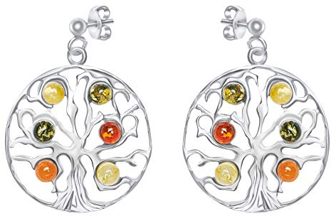 ANDANTE Premium Collection - Echter OSTSEE Bernstein Ohrstecker in 925 Sterling Silber ** Lebensbaum ** Zertifiziert - Gold des MEERES - Farbe COGNAC, GRÜN, ZITRONE