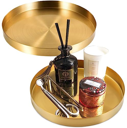 Jucoan 2 Pack 20 cm Round Gold Serving Tray, Metal Decorative Vanity Tray, Bathroom Storage Organizer for Perfume, Jewelry, Food, Coffee, Tea, Candle