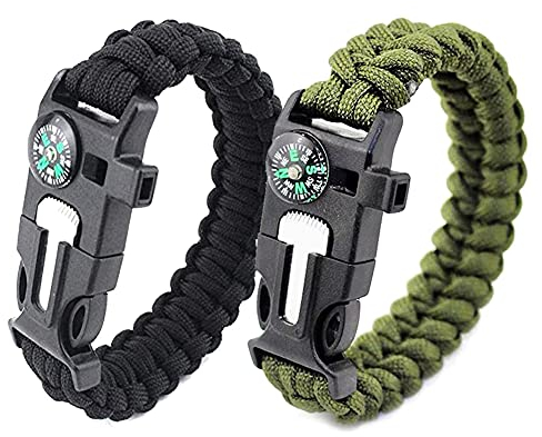 Shao hua Überlebensarmband | Multifunktionales Überlebensarmband | Schnalle, Kompass, Rettungsschwimmerpfeife, 5 in 1 Sportcamping Outdoor-Aktivitäten (2 Stück, schwarz + grün)