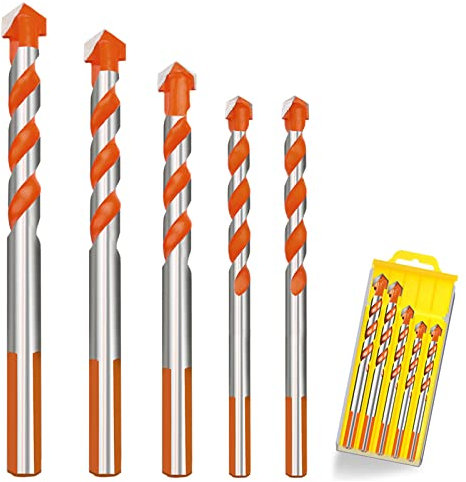 5 Pcs Tile Drill Bits Set, (6 6mm 8mm 10mm 12mm) Masonry Drill Bits kit Tungsten Carbide Tip Drill Bits for Concrete Cement Brick Glass Wall Plastic Wood Metal