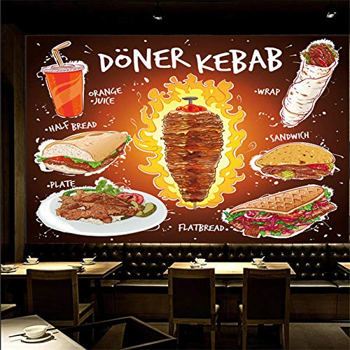 Assiette Sandwich À Pain Plat Doner Kebab Dessiné À La Main Avec Jus D'Orange Papier Peint Mural Fast Food Restaurant Papier Peint 3D,250*175Cm