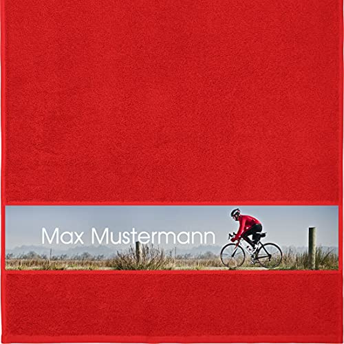 Manutextur Handtuch mit Namen - personalisiert - Motiv Radsport 5 - viele Farben & Motive - Dusch-Handtuch - rot - Größe 50x100 cm - persönliches Geschenk mit Wunsch-Motiv und Wunsch-Name