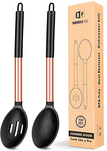 Pack of 2 Large Silicone Cooking Spoons,Non Stick Solid Basting Spoon,Heat-Resistant Kitchen Utensils for Mixing,Serving,Draining,Stirring (Rose Gold-Black)