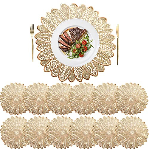 Frcctre Runde Tischsets aus gepresstem Vinyl, 38,1 cm, dekorative Sonnenblumen-Platzsets, rutschfest, goldfarben, waschbar, Hochzeitsakzente, Metallic-Platzset für Esstisch, Küchendekoration, 12 Stück