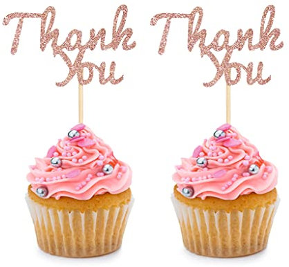 24 PCS Rose Gold Glitter Thank You Cupcake Toppers Thank You Cupcake Picks for Birthday Anniversary Thanksgiving Day Wedding Bridal Cake Theme Party Decorations Supplies