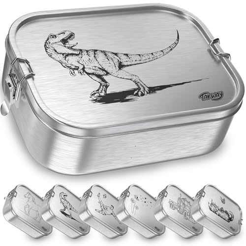 TAKWAY Fiambrera de acero inoxidable con compartimentos, 800 ml, fiambrera a prueba de fugas para niños y adultos, con división flexible, para guardería, escuela y viajes (dinosaurio, 3 compartimentos