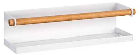 WENKO Magna, magnetisk metallhylla med bambudetalj för förvaring och presentation av kryddburkar, montering utan borrning med magnet eller tejp, 32 x 8 x 8 cm, vit