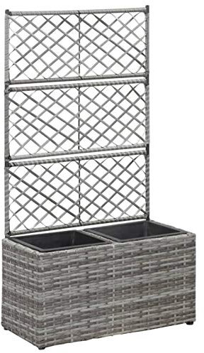 Mogou Hochbeet mit Rankgitter 2 Töpfe, Palettenrahmen, Hochteich, Gemüsebeet, Kräuterregal Balkon, Blumenbeet, Kräuterspirale, Tomatenbeet, Pflanzhochbeet, 58×30×107cm Poly Rattan Grau