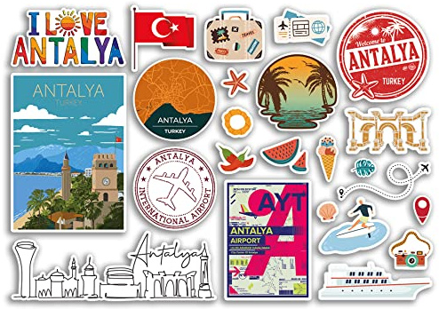 A5 Aufkleberbogen Antalya Sehenswürdigkeiten Vinyl Aufkleber - Türkei Türkische Karte Flughafen Briefmarken Skyline Flagge Reise Urlaub Stadt Reise Scrapbooking Gepäck #79095