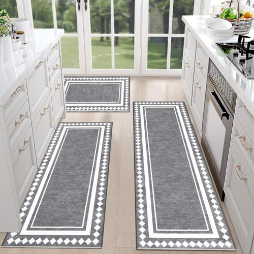 HEBE Farmhouse Kitchen Rugs Sets of 3 Non Slip Washable Boho Kitchen Rugs and Mats for Floor Kitchen Runner Rug Floor Carpet for Kitchen, Laundry, Hallways
