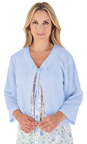 Slenderella Manteau en tricot gaufré à ruban avec lien pour femme, manches 3/4, robe de maison, bleu, XL